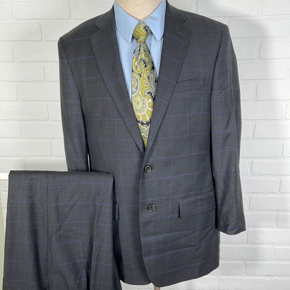 Ralph Lauren Suit Men 40R 30W 27L Gray Royal Blue Windowpane Plaid Classic Wool